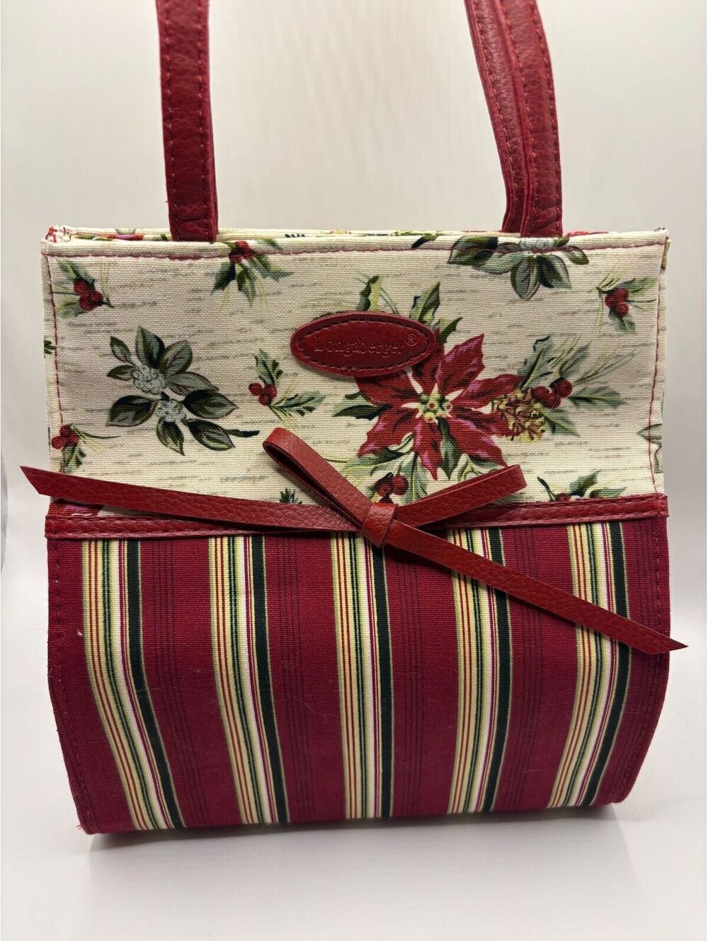 Longaberger Holiday Canvas Tote Bag Stripe Poinsetta